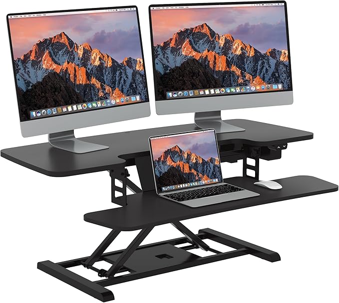 SANODESK 40" Electric Standing Desk Converter, Height Adjustable Riser for Office Home,Dual Monitor and Laptop Workstation with Large Keyboard Tray,Black Color