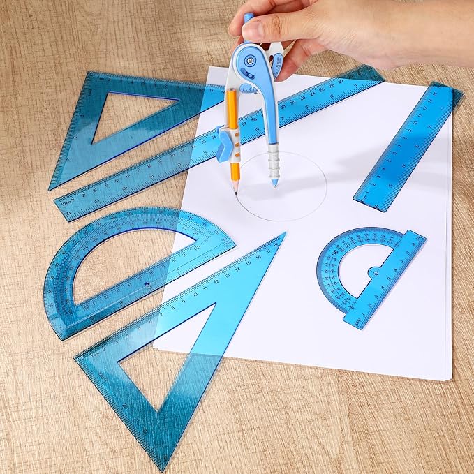 Zonon 1 Set Plastic Geometry Math Set 7 Pcs Includes 6'' / 4 '' Protractor, Drawing Compass, 45/60 Degree Triangle Rulers, 12'' / 6'' Math Ruler Transparent for Office Supplies(Blue)-DeskLoop Office