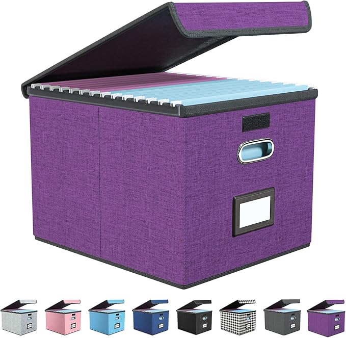 Huolewa File Organizer Box with Lid, Collapsible File Folder Organizer for Office Document Storage, Filing Box with Plastic Slide for Letter/Legal Size Hanging Files, Purple-DeskLoop Office