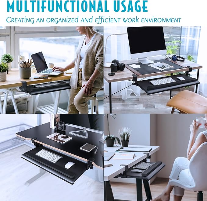 EHO Large Ergonomic C-Clamp Keyboard Tray Mount Under Desk with Wrist Rest, Slide-Out Platform 27.5" (31.8" Including Clamps) x 12.5", Pull Out Keyboard & Mouse Tray for Home or Office, Black-DeskLoop Office