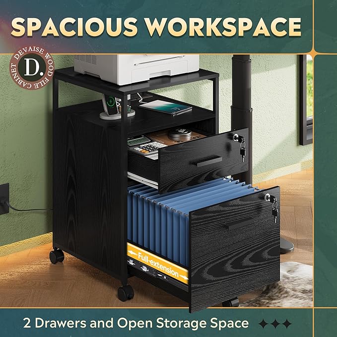 DEVAISE 2 Drawer File Cabinet with Lock and Charging Station, Wood Filing Cabinet fits A4 or Letter Size, Mobile Printer Stand with Open Storage Shelf for Home Office, Black-DeskLoop Office