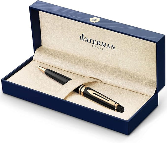 Waterman Expert Ballpoint Pen, Black with Golden Trim, Medium Tip, Blue Ink, Gift Box-DeskLoop Office