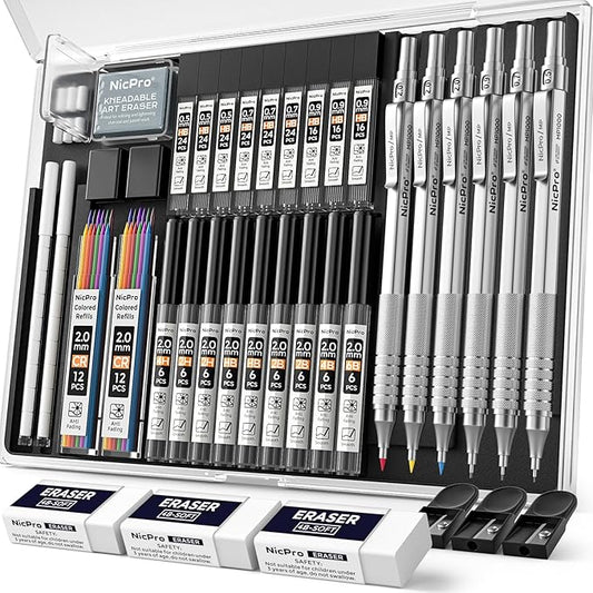 Nicpro 35PCS Silver Metal Mechanical Pencils Set in Case, Art Drafting Pencil 0.5, 0.7, 0.9 mm & 3PCS 2mm Graphite Lead Holder for Drawing Sketching With 20 Tube Lead Refills(6B 4B 2B HB 2H 4H Colors)-DeskLoop Office