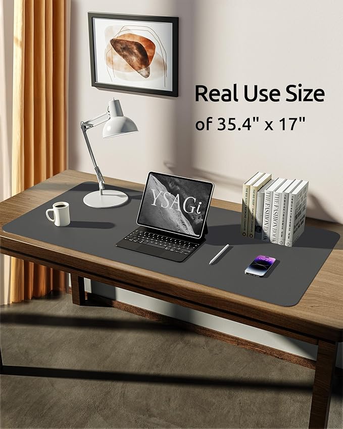 YSAGi Leather Desk Protector, Office Mat, Large Mouse Mat, Non-Slip PU Leather Blotter, Laptop Desk Pad, Waterproof Writing Pad for Office and Home (Dark Grey, 35.4" x 17")-DeskLoop Office