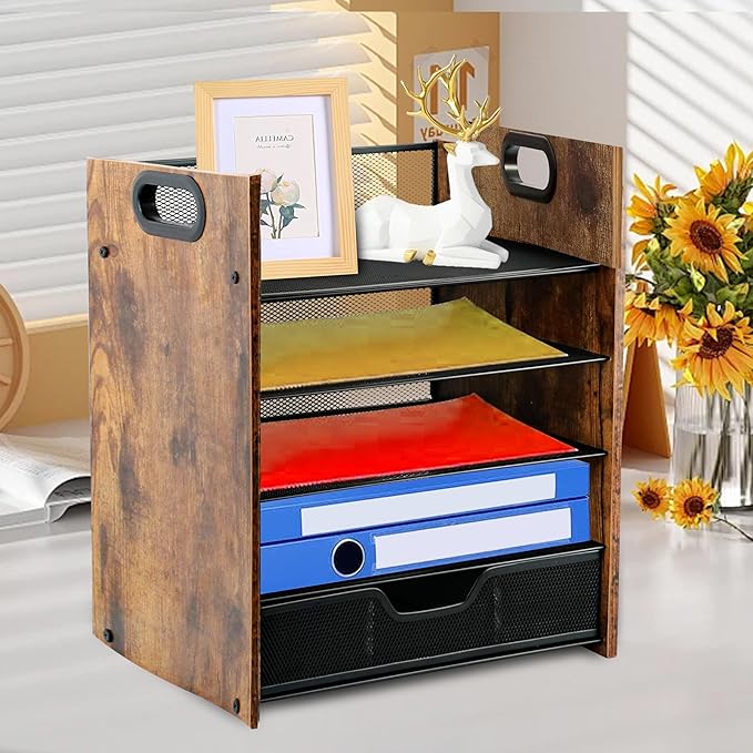 Wood Desk Organizer - 5-Tier Desktop File Organizer with Drawer, Wooden Paper Tray, Office Desk Organzier and Accessories for Papers, Mail, Notebooks, Stationery-DeskLoop Office