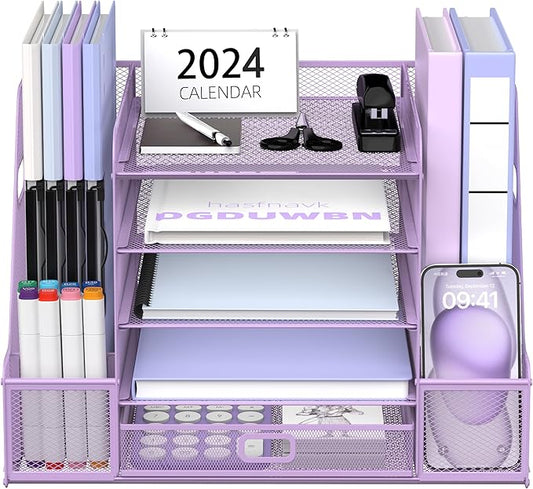 SUPEASY Mesh Desk Organizer with File Holder, 5-Tier Paper Letter Tray Organizer with Magazine Holder, Desktop Organizer and Storage with Drawer for Office Supplies Home or School, Purple-DeskLoop Office