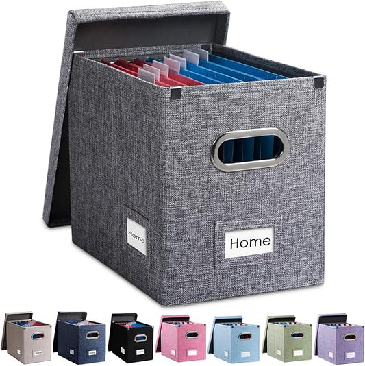 PRANDOM File Organizer Box - Set of 1 Collapsible Decorative Linen Filing Storage Hanging File Folders with Lids Office Cabinet Letter Size Grey (14x9.3x10.8 inch)-DeskLoop Office