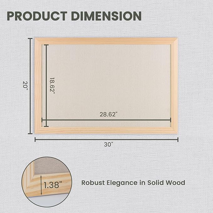 Bulletin Board Cork Board with Linen, 100% Wood Framed 30" x 20" Bulletin Board Decorations, Pin Boards for Walls, Wall Mounted Fabric Picture Board with 10 Pushpins for School, Home & Office, Natural-DeskLoop Office