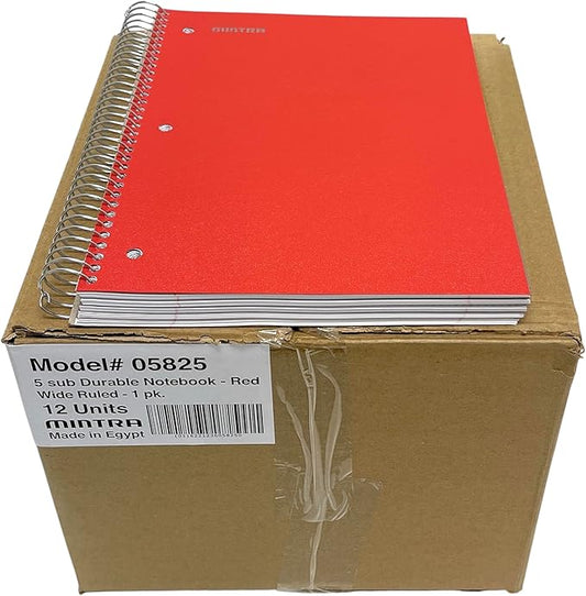 Mintra Office Durable Spiral Notebooks, 5 Subject (Red, Wide Ruled 12pk)-DeskLoop Office