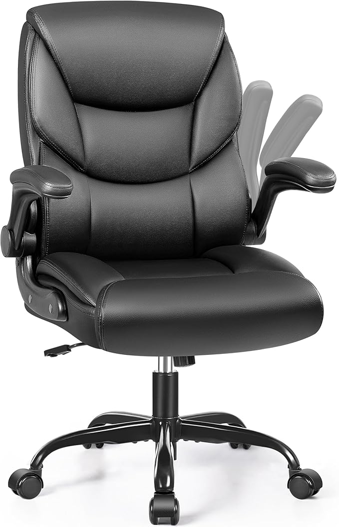 PU Leather Executive Office Chair, Ergonomic High-Back Computer & Gaming Chair with Adjustable Height, Rolling Swivel & Flip-Up Armrests, Comfy Padded Seat for Home Office-Black-DeskLoop Office