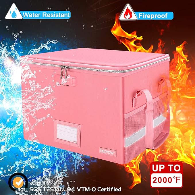 ENGPOW File Box with Lock, Fireproof Document Box with Pockets, Collapsible File Organizer Filing Storage Cabinet with Handle, Portable Home Office Safe for Hanging Letter/Legal Folders, Pink, 2 Pack-DeskLoop Office