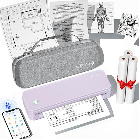 Inkless Portable Printer for Travel, Wireless Thermal Printer Supports 8.5 x 11 Inch US Letter Size, Bluetooth Machine Includes Carry Case and 3 Rolls of Thermal Paper Kit, Purple-DeskLoop Office
