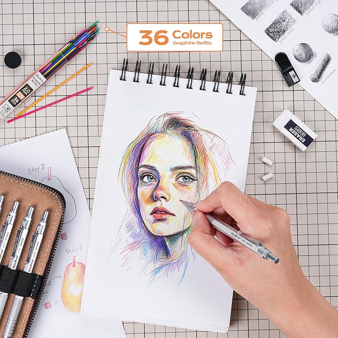 Nicpro 20PCS Metal Mechanical Pencil Set in Leather Case, Art Drafting Pencil 0.3, 0.5, 0.7, 0.9 mm & 2mm Lead Holders, 9 Tube (4B 2B HB 2H Colors) Lead Refills, Erasers For Sketching Drawing-DeskLoop Office