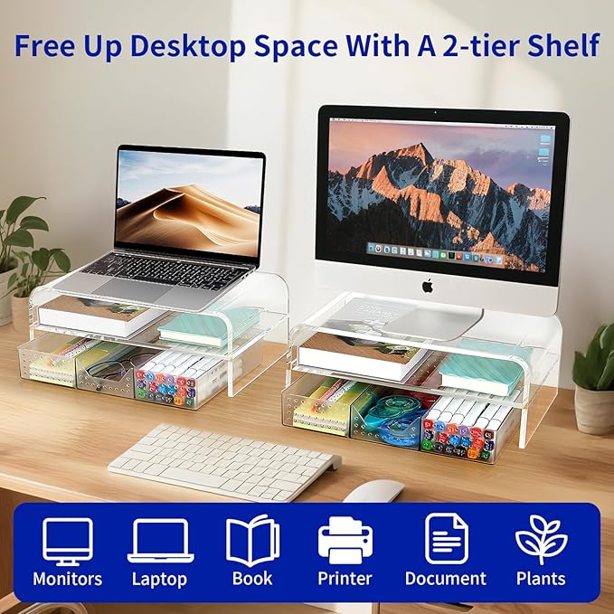 Acrylic Clear Desk Organizers and Accessories, 2-Tier Computer Monitor Stand Riser with Drawer, Laptop Stand, Office Desk Accessories for Office Supplies, Transparent-DeskLoop Office
