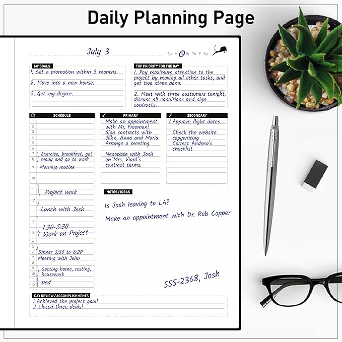 Daily Planner - Professional Life Planner, Calendar & Gratitude Journal to Increase Productivity, Time Management & Happiness - Vegan Leather Softcover, 6 Months, Undated 24 Hour Business Planner-DeskLoop Office