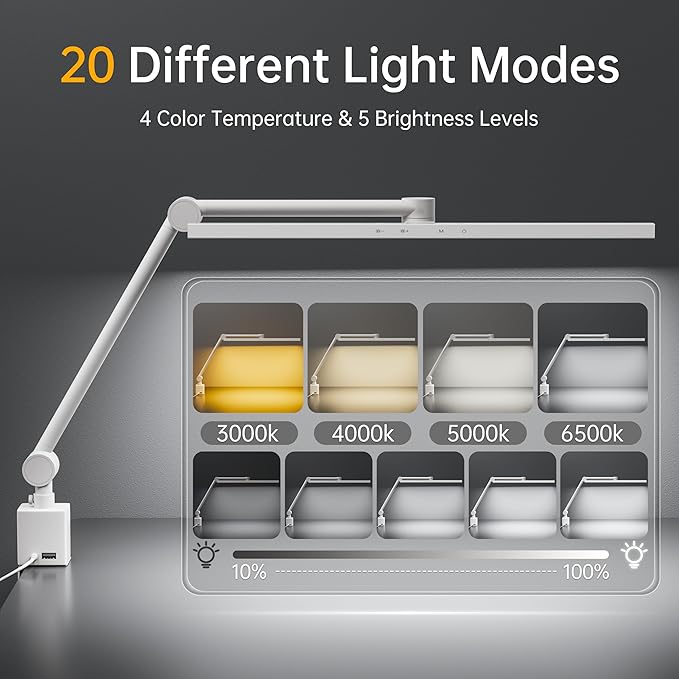 deeloop 2-Arms Swing Long LED Desk Lamp with Clamp, CRI 95+ Eye-Caring Light, USB Charging Output, 2-Hour Timer, Dimmable Desk Light with Memory, Architect Desk Lamps for Home Office Reading &Monitor-DeskLoop Office