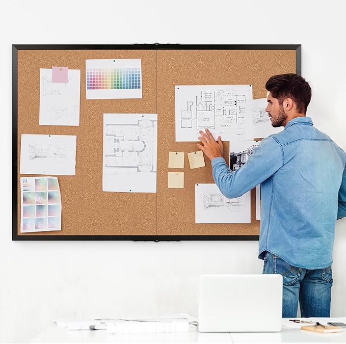 Board2by Extra Large Cork Bulletin Board 60" X 36", Foldable Notice Pin Board for Wall, Black Wood Framed 5'x3' Corkboard, Wall Mounted Noticeboard with 36 Push Pins for School, Home & Office-DeskLoop Office