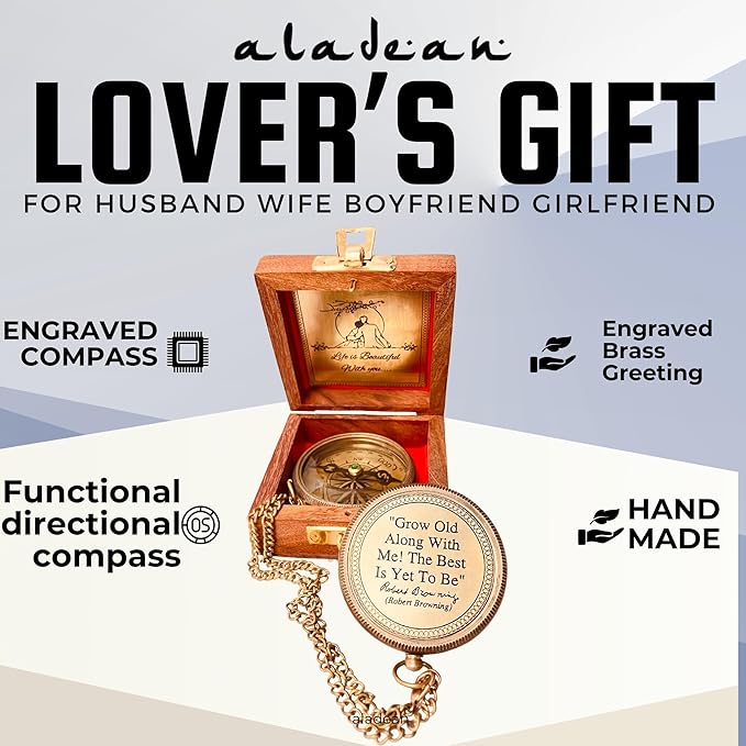 Gift for Husband Wife - Brass Compass 2" | Engraved Quote Birthday Wedding Anniversary Christmas Romantic Love Gifts idea for Boyfriend Girlfriend Men Women Him Her (Grow Old Along with Me)-DeskLoop Office