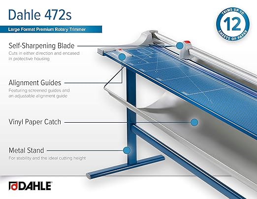 Dahle 472s Premium Rotary Trimmer w/Stand, 72" Cut Length, 12 Sheet Capacity, Self-Sharpening, Automatic Clamp, German Engineered Paper Cutter-DeskLoop Office