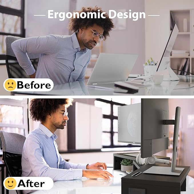 BONTEC Dual Monitor Stand Riser with Smartphone Holder, Adjustable Length & Swivel Angle, Ergonomic Wooden Desktop Organizer for PC Monitor, Laptop, Printer, Large Storage, Black-DeskLoop Office