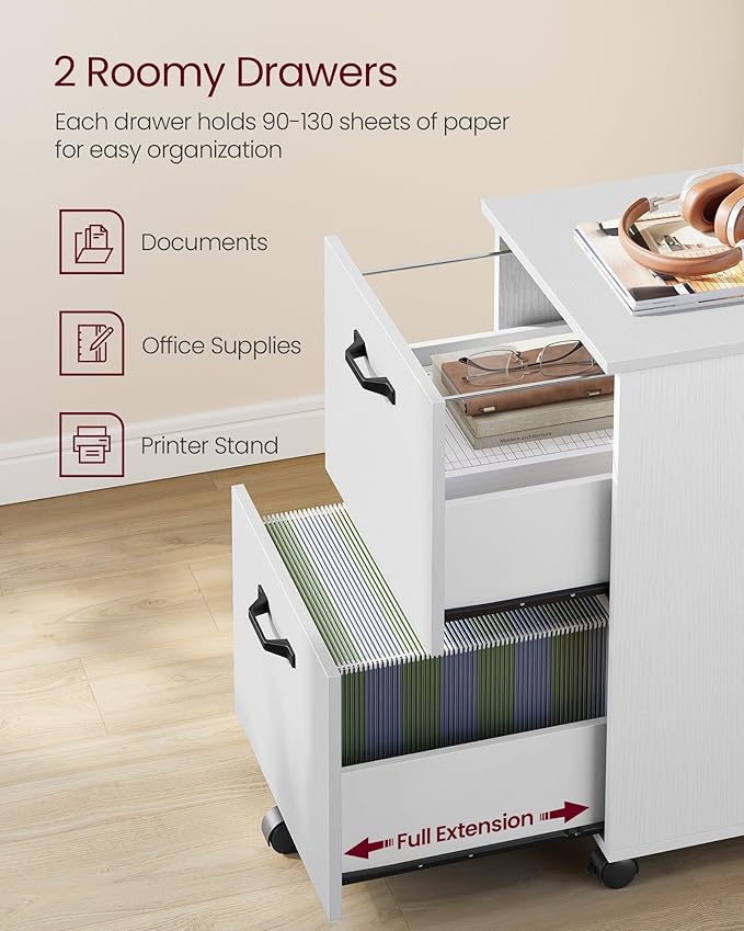VASAGLE 2-Drawer File Cabinet, Small Rolling Filing Cabinet for Home Office, Printer Stand, for A4, Letter-Size Documents, 15.7 x 16.5 x 27.6 Inches, Snow White UOFC040W46-DeskLoop Office