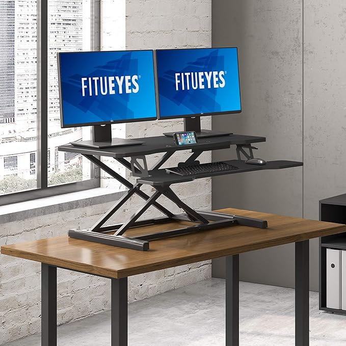 FITUEYES Height Adjustable Standing Desk 36” Wide Sit to Stand Converter Stand Up Desk Tabletop Workstation for Dual Monitor Riser FSD309101WB-DeskLoop Office