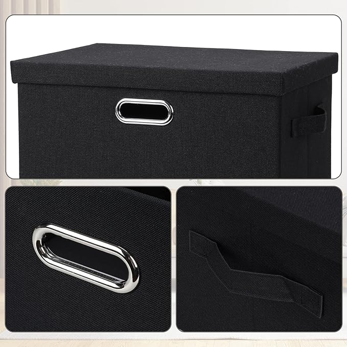 Large 17" 36 Quart Collapsible Stackable Storage Bins with Lids, 3 Packs Black Linen Fabric Closet Boxes with Lids, Storage Cube Baskets Container Organizers for Bedroom Office(17 x12 x11)-DeskLoop Office