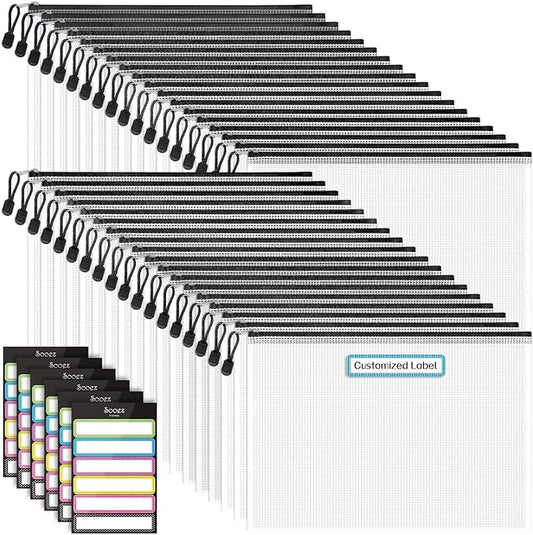 Sooez 36 Pack Mesh Zipper Pouch with Sticky Labels, A4 Mesh Bags Board Game Puzzles Organization Storage, Durable Letter Size File Folders Organizer Teacher School Classroom Office Supplies, Black-DeskLoop Office