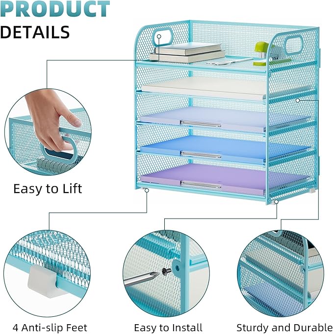 Marbrasse Paper Organizer Letter Tray, 5 Tier Mesh File Organizer with Handle, Paper Sorter Desk Organizer for Home Office Supplies - Blue-DeskLoop Office
