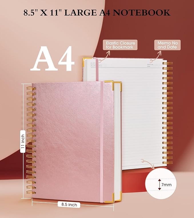 Spiral Notebook Journal 8.5” x 11”, 300 Pages Hardcover Leather Lined Journals for Women Men, A4 Large College Ruled Notebooks with 100 GSM Thick Paper, Spiral Journal for Writing Work School, Pink-DeskLoop Office