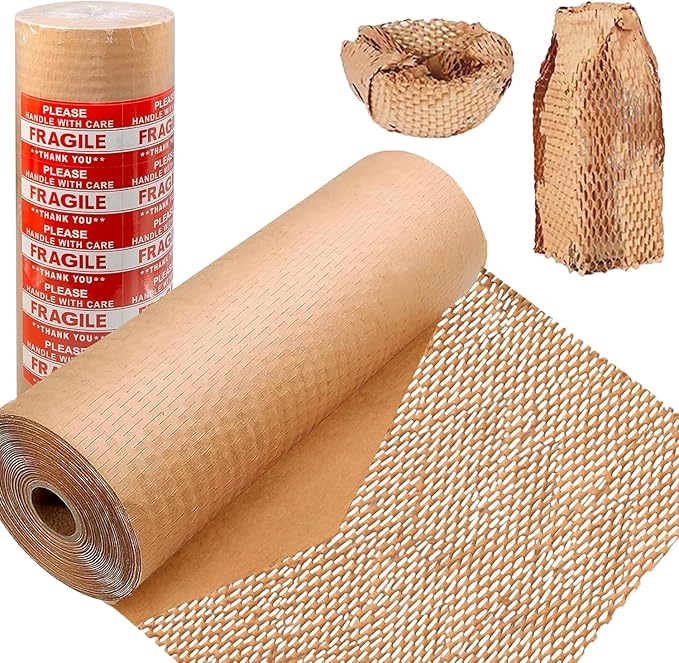 Honeycomb Packing Paper, 12" x 400' Honeycomb Cushioning Wrap Roll for Moving Shipping Packaging Gifts, Recyclable Honeycomb Paper Bubble Paper Wrapping with 20 Fragile Sticker Labels-DeskLoop Office