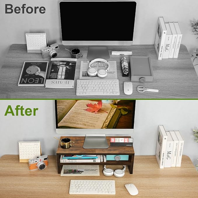 TEAMIX 2 Tier Wooden Monitor Riser Stand, Desktop Stand with storage for Laptop/PC/Printer/Keyboard, TV Stand Shelf Home Office Desk Accessories-DeskLoop Office