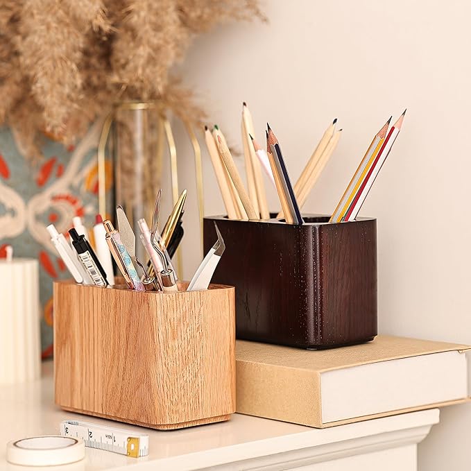 Oak Solid Wood Pen &Pencil Holder for Desk, Office Stationery Organizer, Table Pencil Cup Stand,Desk Accessories Holder, Two Cups Practical Design. (Espresso)-DeskLoop Office
