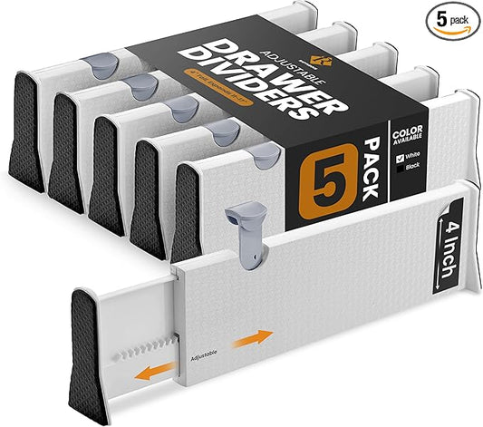 RAPTUROUS Adjustable Drawer Dividers, 4" Tall, Expandable 11-17", 5-Pack, Non-Slip for Dresser, Closet, Kitchen, Nursery, and Office (White)-DeskLoop Office
