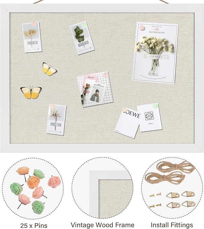 Cork Board Bulletin Board 16.7" x 11", 2-Pack Small Linen Corkboards with Frame for Walls, Cute Picture Display Pin Board Vision Board for Room School Office Bedroom 25 Pushpins Vintage White-DeskLoop Office
