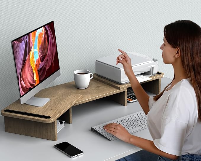 Zimilar Dual Monitor Stand Riser, Monitor Stand with Adjustable Length and Angle, Wood Monitor Stand for Desk, Monitor Riser for 2 Monitors with Storage Space-DeskLoop Office