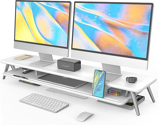 Fenge Dual Monitor Stand, Monitor Stands Riser for 2 monitors, 42.5 Inch Wood Desk Shelf with Storage Organizer and Cable Management for Office Desk Accessories-DeskLoop Office
