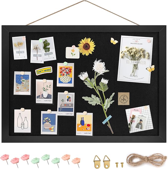 Black Cork Board Bulletin Board 16.7" x 11", Small Linen Corkboards with Frame for Walls, Cute Picture Display Pin Board Vision Board for Room School Office Bedroom 8 Pushpins-DeskLoop Office