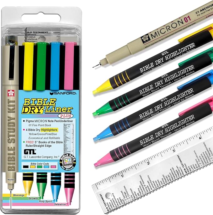 G.T. Luscombe Company, Inc. Bible Dry-Liner, Yellow, Green, Blue, Pink Highlighters, Pigma Micron 01 Black Ink, No Bleed, Underlining Writing Pen & Books of the Bible Ruler, 5-Piece Set Study Kit-DeskLoop Office
