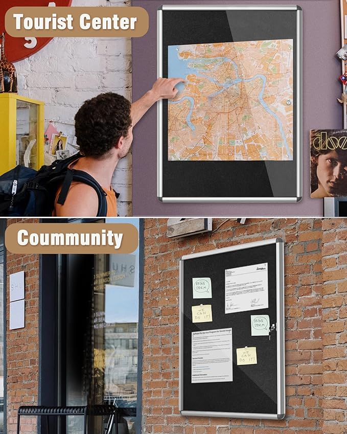 38"x28" Enclosed Bulletin Board, Lockable Weather-Resistant Aluminum Cork Noticeboard for School & Office, Silver Frame w/Black Flet-DeskLoop Office