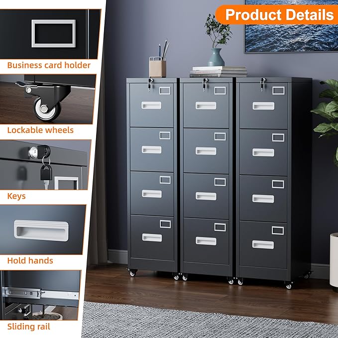 Aobabo 56" H 4 Drawer Moblie File Cabinet with Lock, Metal File Cabinet for Home Office with Wheels, Storage Legal/Letter A4 Size, Black, Assembly Required-DeskLoop Office