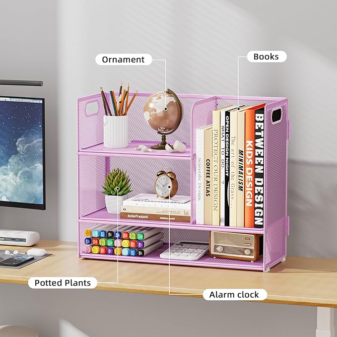 Marbrasse 3-Tier Desk Shelf Organizer with Handle, Desktop Bookshelf File Holder, Mesh Display Shelf Organizer Storage Rack for Office, Home, Supplies, Kitchen (Purple)-DeskLoop Office