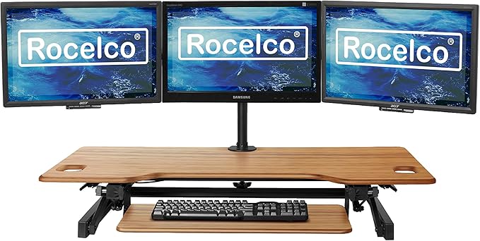 Rocelco 46" Large Height Adjustable Standing Desk Converter with Triple Monitor Mount BUNDLE - Sit Stand Up Computer Workstation Riser - Retractable Keyboard Tray - Teak Wood Grain (R DADRT-46-DM3)-DeskLoop Office