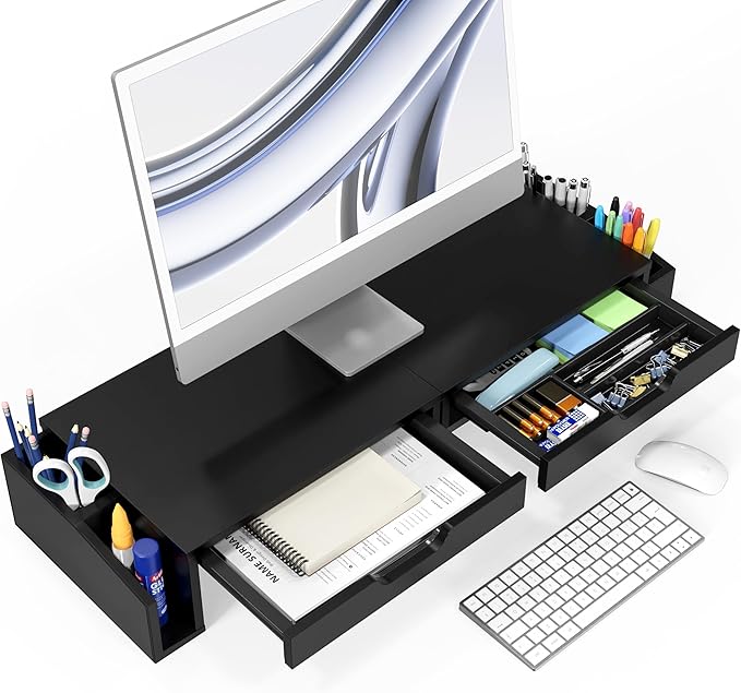Simple Houseware Desk Dual Monitor Stand Riser with Pull-Out Drawers, Black-DeskLoop Office