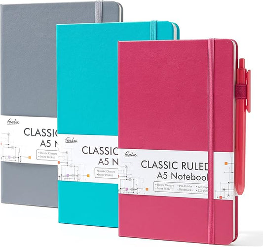 feela Hardcover Notebook For Work, Classic Ruled Lined Journal Set School Business Supplies, with 3 Black Pens, 120 GSM, 5.1”x8.3”, 3 Pack, A5, Solid Colors, Gray, Berry, Emerald-DeskLoop Office