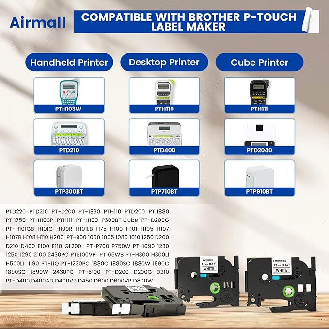 Airmall Tze 12mm 0.47 Laminated White Label Maker Tape Refill Compatible with Brother 12mm .47 Laminated White Tz Tape TZe-231 TZ-231 for PT-D200 D210 D220 H110 D410 P710BT 1750 1180, 20Pack-DeskLoop Office