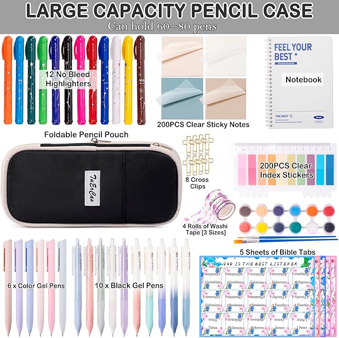 Bible Study Supplies for Women Men - Pencil Pouch Case, 75 Tabs, 12 No Bleed Highlighters, 6 Colored Pens, 10 Black Ink Pens, Washi Tapes & A5 Notebook -Christian Gifts Journaling Kit, Black-DeskLoop Office