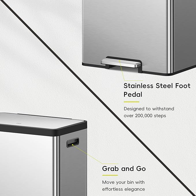 EKO EcoCasa II Rectangular Kitchen Step Trash Can, 20L+20L Dual Compartment Recycling Bins, Stainless Steel Lid and Pedal, Odor-Proof, Fingerprint Resistant-DeskLoop Office