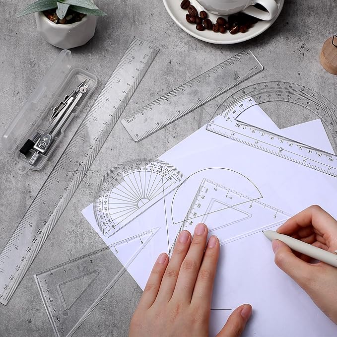 Zonon 1 Set Plastic Geometry Math Set Includes Drawing Compass, 6 and 4 Inch Protractor, 45/60 Degree Triangle Rulers 12 and 6 Inch Math Ruler Transparent for Office Supplies(Clear)-DeskLoop Office