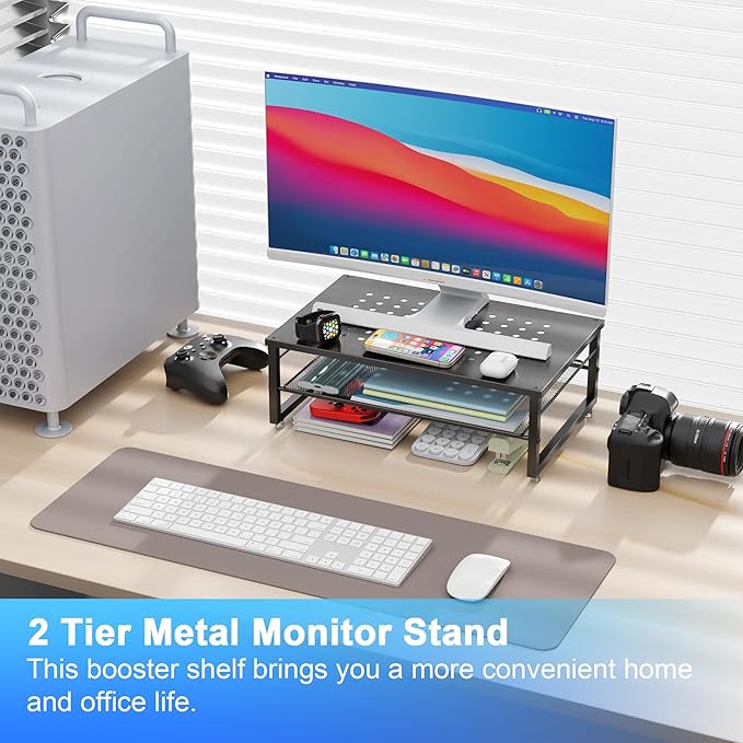 gianotter Desk Organizers and Accessories, 2-Tier Metal Monitor Stand Riser, Desk Organizer for Monitor, Office Desk Storage Organizer for Office Supplies (Black)-DeskLoop Office